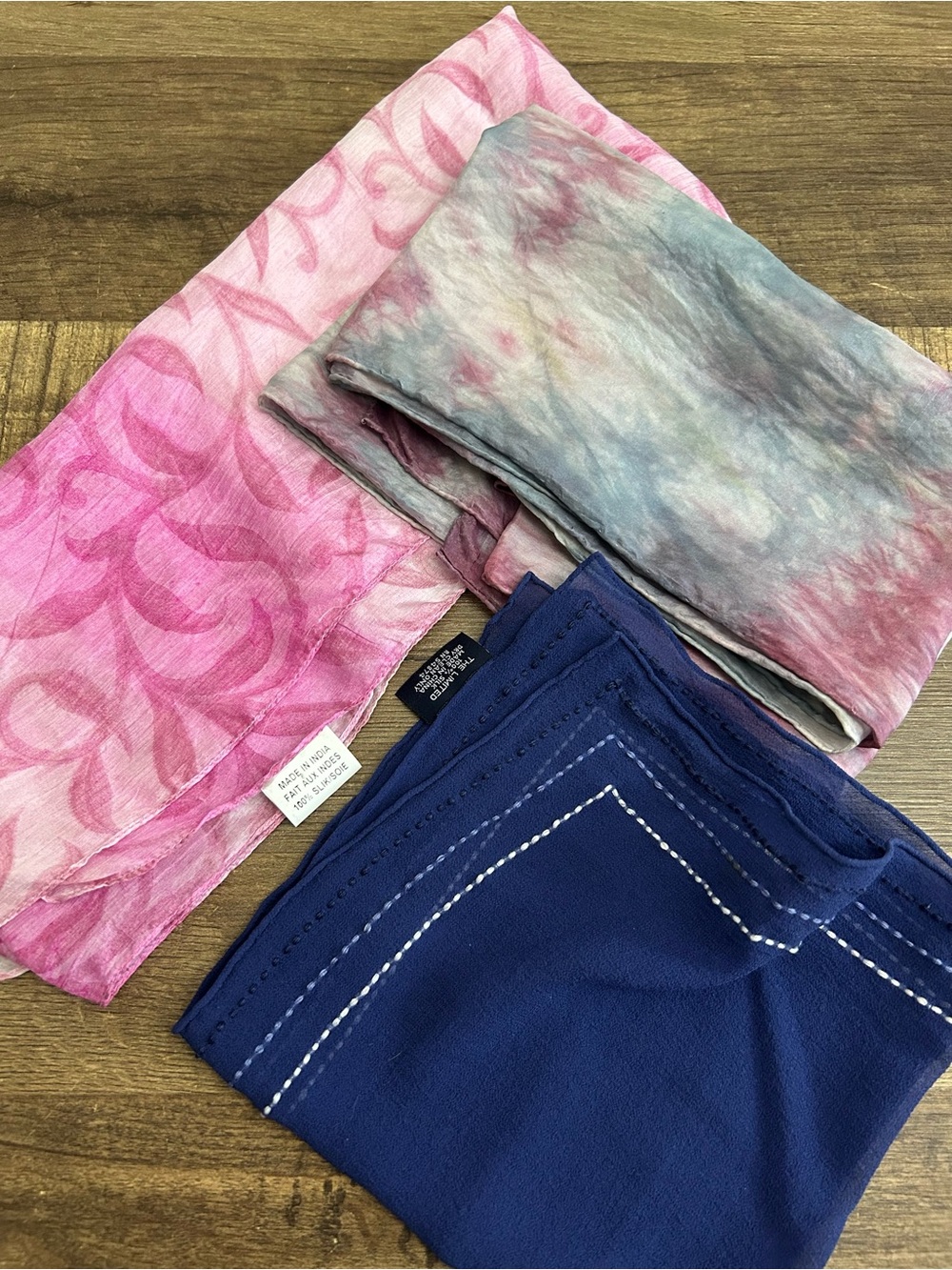 Lot of 3 Vintage 100% Silk Scarves - Pink Floral Tye Dye The Limited Embroidered